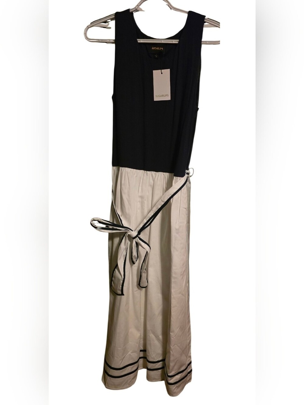 NWT Sugarlips Navy & White Sleeveless Tie-Waist Maxi Dress PTP 21 - Picture 2 of 2